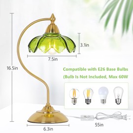 Glass Beside Table Lamp for Bedroom, Plug In Gold Desk Lamp, Vintage Flower Nightstand Lamp, Table Lamps for Living Room, Small Desk Lamps for Home Office, Green Table Light, Flower Lamp Decoration