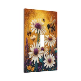 Beautiful Floral Bee Daisies Flower Decorative Light Switch Cover 1 Gang Single Toggle Device Electrical Faceplate Switchplates Decorator Outlet Wall Plate for Bedroom living Room Decor