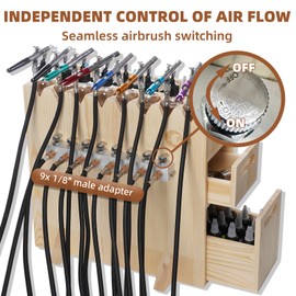OPHIR Airbrush Holder, Table Airbrush Stand with Airbrush 8 Way Hose Splitter, Wooden Airbrush Holder Stand with 2 Drawers can Hold Up to 8 Siphon Feed Airbrush Gun, for Miniature Paint Organizer
