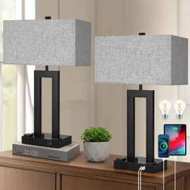 Vikdio Modern Table Lamps Set of 2-22" Tall Bedside Lamps with USB-C/USB-A Charge Ports & Outlet, Stepless Dimmable Fabric Gray Shade Nightstand Lamps for Bedroom & Living Room