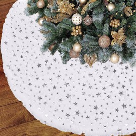 CJWLKJ Christmas Tree Skirt Decorations, 36 inches Large White & Silver Luxury Faux Fur Tree Skirt with Star Super Soft Thick Plush Tree Skirt for Xmas Tree Decor