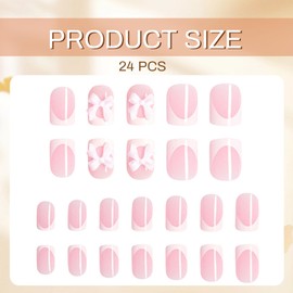 GlamRays 24 Pieces French Nails Press On Nails False Nails Short Square White French Nails Stick On Nails False Nails with 3D Resin Bows Charm Designs Nude Acrylic Nails