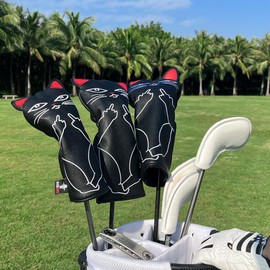 Golf Club Headcovers Golf Wood Cover Cool Cat Design Golf Headcover Golf Wood Cover Aliennana Cute Cat Driver Cover (DR) Fairway Wood (FW), Utility (UT) (DR+FW+UT(3pcs) - Black)