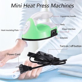 Mini Craft Iron, Mini Heat Press Machine, Small Iron Portable Handy Electric Travel Heat Iron-on with Charging Base Accessories for Transfers, Clothes, Crafts, Patches, DIY (Green)