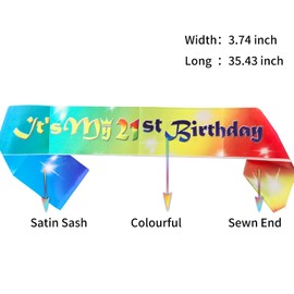 21st Birthday Sash for Women, Double-Sided Rainbow“It's My 21st Birthday”Sash with Full Colours Letters For Birthday Party Decorations Supplies Favors, Gifts For Girls