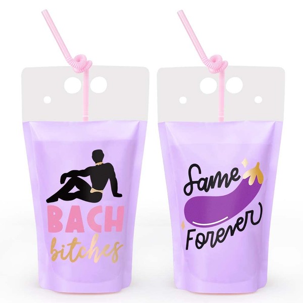 xo, Fetti Bachelorette Party Drink Pouches - 16 count | Bachelorette Party Cups Decorations, Purple Transparent Favors Drink Wear, Bridesmaid Gifts