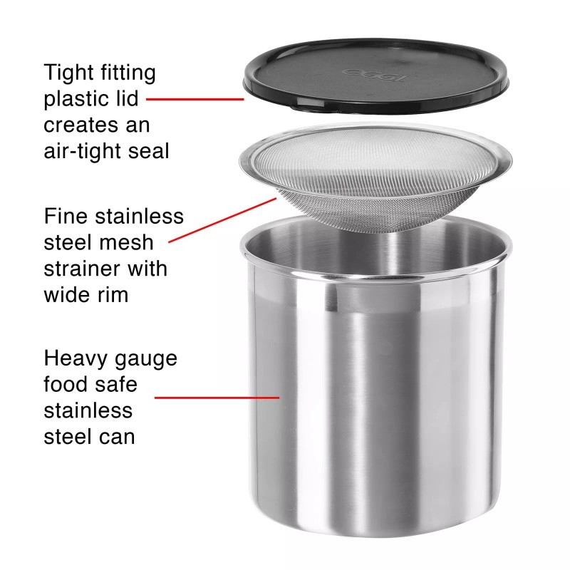 Oggi Stainless Steel Jumbo Grease Container with Removable Strainer and