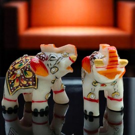 Natural White Marble Elephant Statue Pair 3x2.25 – Hand-Painted Multicolor Figurines – Gold Artwork Showpiece for Home, Living Room – Good Luck & Housewarming Gift Décor Item