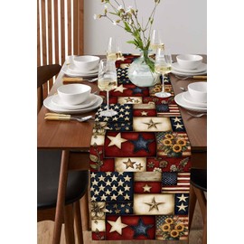 Farmhouse Table Runner Independence Day Retro Pentagram American Flag Farmhouse Non Slip Table Runners Dresser Scarves 36" Long, Modern Tabletop Cover Decor for Kitchen Dining Home