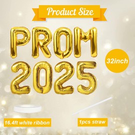 FUEAWIM Prom Balloon 2025 Prom Decoration Gold 32 Inch Foil Prom Letters Balloon Banner Sign for Prom Night 2025 Graduation Party Decor