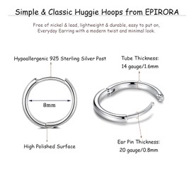 1 Pairs 8mm Small Cartilage Hoop Earrings for Women Men, Hypoallergenic Sterling Silver Post Huggie Earrings, Silver