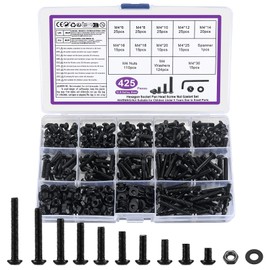 425 Piece M4 Screws Set, Allen Screws Nuts Set, Black Threaded Screws with Nuts with Washers Set, Pan Head Screws and Nuts, Bicycle Screws Set, with Key