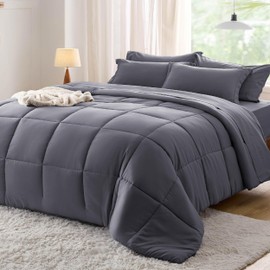 Bedsure Dark Grey Comforter Set Queen - 7 Pieces Solid Bed in a Bag, Queen Bed Set with Comforter, Sheets, Pillowcases & Shams