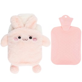 Hot Water Bottle with Cover, 750 ml Hot Water Bottle, Hot Water Bottles Cosy Fluffy Soft Plush Cute Pattern, Natural Rubber Hot Water Bag Great Gift for Seniors Children (Pink Bunny)