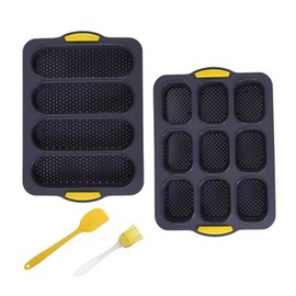 LOVEWE Silicone French Bread Pan Set, Non-Stick Baguette Baking Molds, Gray with Yellow Handles, 4 Piece, 13.18x9.25 Inch
