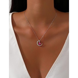 Gryrigns 925 Sterling Silver Lab-Created Gemstone Necklace for Women, Birthstone Necklace Crescent Moon Pendant, Chain Adjustable up to 19", 19", Sterling Silver, created sapphire (cornflower blue)