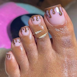 MERVF Press on Toenails for Women French Tip Fake Toe Nails Square Acrylic Artificail Toenails with Chocolate Design Glossy Glue on Toenails 24pcs