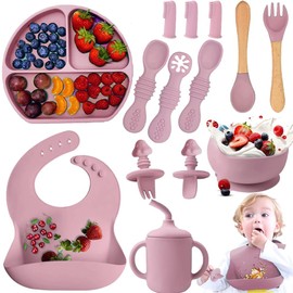 14pzs Vajillas Platos para Bebe Silicona, Set Alimentacion Complementaria Bebe, Plato para Bebe con Ventosas, Baberos Ajustable, Sin BPA, Fácil de Limpiar, Apto para Microondas(Rosado)