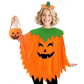 Disfraz de calabaza para mujer, 3 unidades, disfraz de Halloween, poncho de calabaza para adultos, con bolsa para la diadema