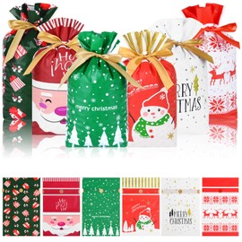 NEBURORA 60pcs Christmas Candy Treat Bags Bulk Xmas Plastic Drawstring Santa Snowman Cookie Goodies Bags for Merry Christmas Gift Snack Wrapping Holiday Party Favors