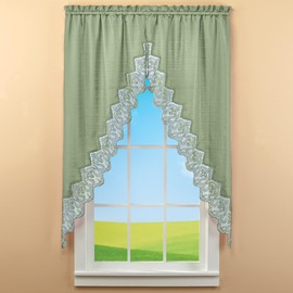 Collections Etc Elegant Lace Border Trim & Solid-Color Window Curtain Sage Swags
