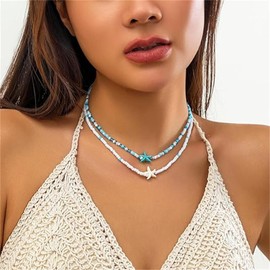 Summer Starfish Necklace Seashell Conch Surfer Choker Necklaces Beach Surfer Choker Necklace for Women Layered Beaded Turtles Pendant Choker Summer Boho Jewlery Gifts for Women Teen Girls Beach Essentials