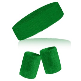 Sucrain 3 Pcs Striped Sweatbands Set,80s 90s Neon Sweatbands Wrist Sweat Bands Workout Cotton Headbands Terry Cloth Absorbent Stretchy Head Wristband for Men Women Party St Patricks Day (Hot Green)