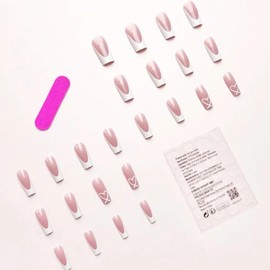 24-Piece Long Square French False Nails Set with Glossy Full Coverage & Gel Nail Glue - Press On Style for Women/Girls - French Heart Design