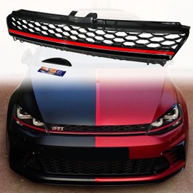 JKYH TECHPLUS Front Grille Honeycomb w/RED TRIM Carbon Fiber Print For 2015-2016 VW MK7 Golf GTI, ABS Plastic Front Bumper Grill Hood Mesh