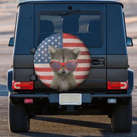 Funny Raccoon American Flag Spare Tire Cover Wheel Protector Weatherproof Wheel Cover Universal Decorative Accessories for Camper RV SUV Travel Trailer 15"