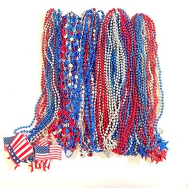 GZYSSL 72 Pcs 4th of July Beads Necklace Independence Day Red Blue Silver Party Favors Fourth of July Patriotic USA Hat American Flag Parade Beads Necklaces Party Decorations
