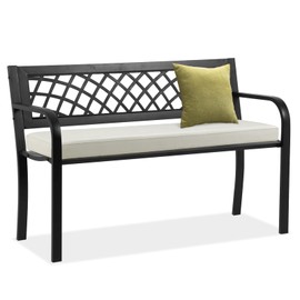 BSTOPHKL Outdoor Bench,Patio Garden Benches,Metal Weatherproof Porch Bench with Grid-Patterned Backrest and Armrest for Park Courtyard Porch,Bearing Capacity 480lbs,Black