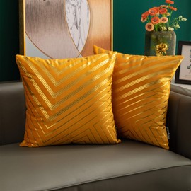 Set of 2 Velvet Throw Pillow Covers Patchwork with Gold Leather Pillow Cases 18 × 18 Inch Cushion Covers Decor Living Room Sofa Bedroom Car Home Decorative (Yellow, 18 x 18 inces)