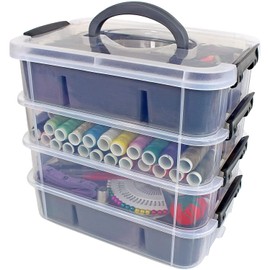 Bins & Things Stackable Storage Container with Organizers for Arts and Crafts - Craft Box with 4 Removable Trays - Plastic Sewing Box - Bead Organizer Box - Art Supply Organizer - 30x27x18 cm, Gray