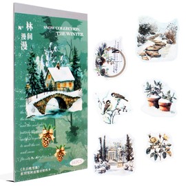 Dwpetzo Precut Winter Journaling Stickers Book for Women, Woods in Snow Landscape with Quotes and Frames Decorative Sticker for Junk Journal Supplies, Scrapbooking, Bujo, Planner, Collage