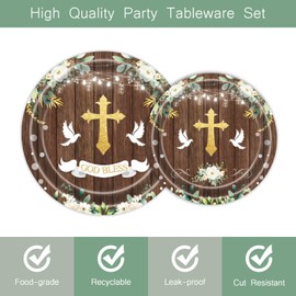 96Pcs God Bless Baptism Party Supplies First Holy Communion Party Plates Disposable Rustic Wood Christening Ceremony Newborn Baby Shower Paper Tableware Set Serves 24 Guests