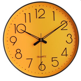 Topkey Wall Clock 12" Silent Non Ticking Arabic Numeral Clock Round Decorative Wall Clock for Office,Living Room, Bedroom, Kitchen (Battery Not Included) Yellow