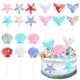 Keaziu Paquete de 18 adornos de sirena para magdalenas, cola de sirena para magdalenas, púas de lentejuelas debajo del mar, decoración de pasteles para niñas, baby shower, cumpleaños, boda, fiesta, suministros