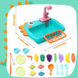 Kitchen Sink Toy Set with Fishing Game, Hot Water Tap, Colour Changing Tableware, Play Cooker, Cookware Pot and Pan, Play Food, Colour Changing Tableware Accessories for Boys Girls Toddlers