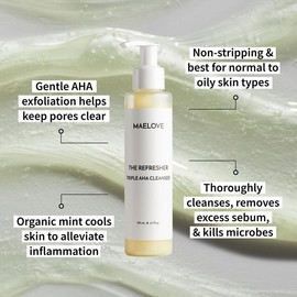 Maelove Skincare The Refresher AHA Gel Cleanser, revitalizing face wash that thoroughly cleanses, removes excess sebum, and kills microbes alongside gentle AHA exfoliation