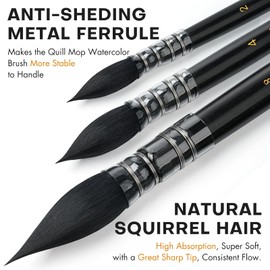 3PCS Squirrel Hair Watercolor Brushes, Fuumuui Professional Mop Round Quill Detail Fine Tip Watercolor Paint Brush Set for Water Color Gouache Ink Painting - Sizes #2, 4, 8