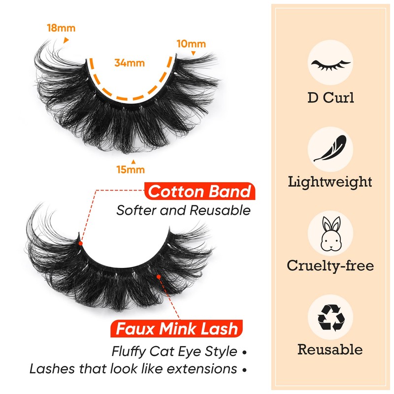 Focipeysa False Lashes Fluffy Mink Eyelashes 18mm Lashes Pack 8D