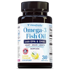 Omega 3 Fish Oil Supplement | 1,200mg Omega 3 Fatty Acids 400mg EPA & 280mg DHA | Heart, Brain & Eye Health Support | Burpless Lemon Flavor Friend of the Sea Certified Non-GMO, Gluten-Free 30 Servings