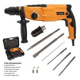 Hoteche 3-in-1 Rotary Hammer Drill 1-Inch SDS Plus Electric Hammer 6.7-Amp/800W Variable Speed Corded Power Hammer Drill Demolition Jack Hammer for Concrete with Extra 1/2 Chuck, Drill Bits & Chisels