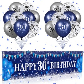 RUMIA Blue & Silver 30th Birthday Decorations: Banner & 18 Balloons for Men & Women's Birthday Party