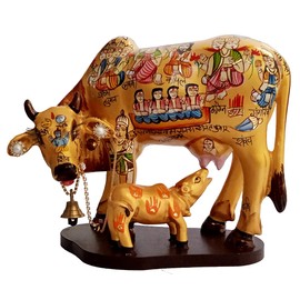 Purpledip Resin Idol Kamdhenu Wish Cow & Calf: Hindu Gods Painted Good Luck Statue (10103B)
