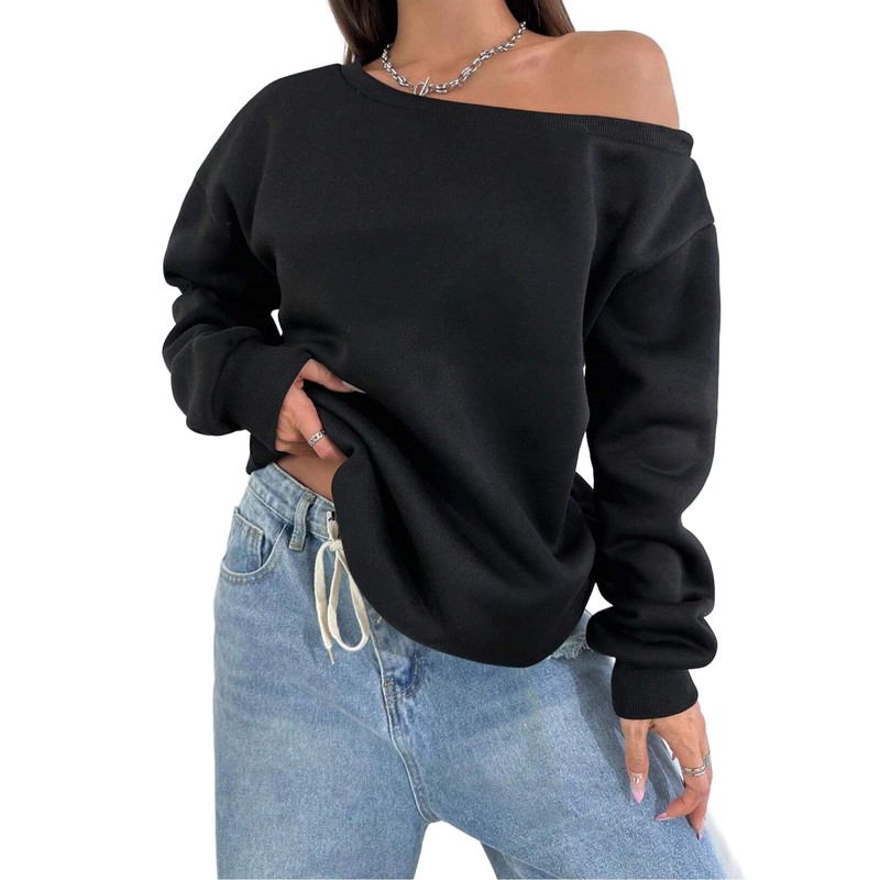 Remidoo Womens Off Shoulder Sweatshirt Drop Shoulder Oversized Long Sleeve