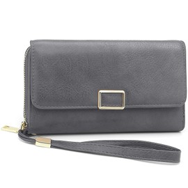 YERUUE Women's Large PU Leather Purse with RFID Protection Long Purse Women with 18 Card Slots and Removable Wallet Bracelet, gray