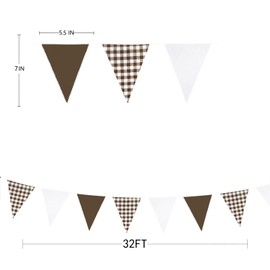32Ft Brown Party Decoration Buffalo Plaid White and Brown Checkered Fabric Triangle Pennant Banner Flag Gingham Bunting Garland for Woodland Teddy Bear Baby Shower Birthday Wedding Bridal Shower Decor