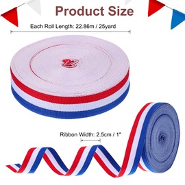 PATIKIL 1" Red White Blue Striped Grosgrain Ribbon, 25 Yard Polyester Fabric Stripe Craft Ribbon Double Faced Design for Bow Gift Wrapping DIY Making Garment Christmas Decorations